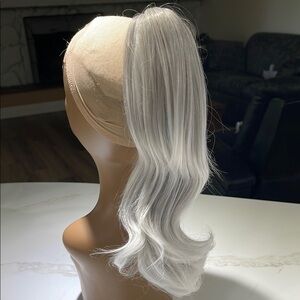 HAIR, 16” Ponytail Clasp or Drawstring Extension, Silver/Gray/White
